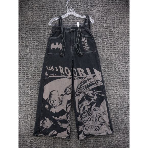 Rowme Denim - Batman and Robin Jeans Womens 4 Small Black Wide Leg Suspenders Graphic Print